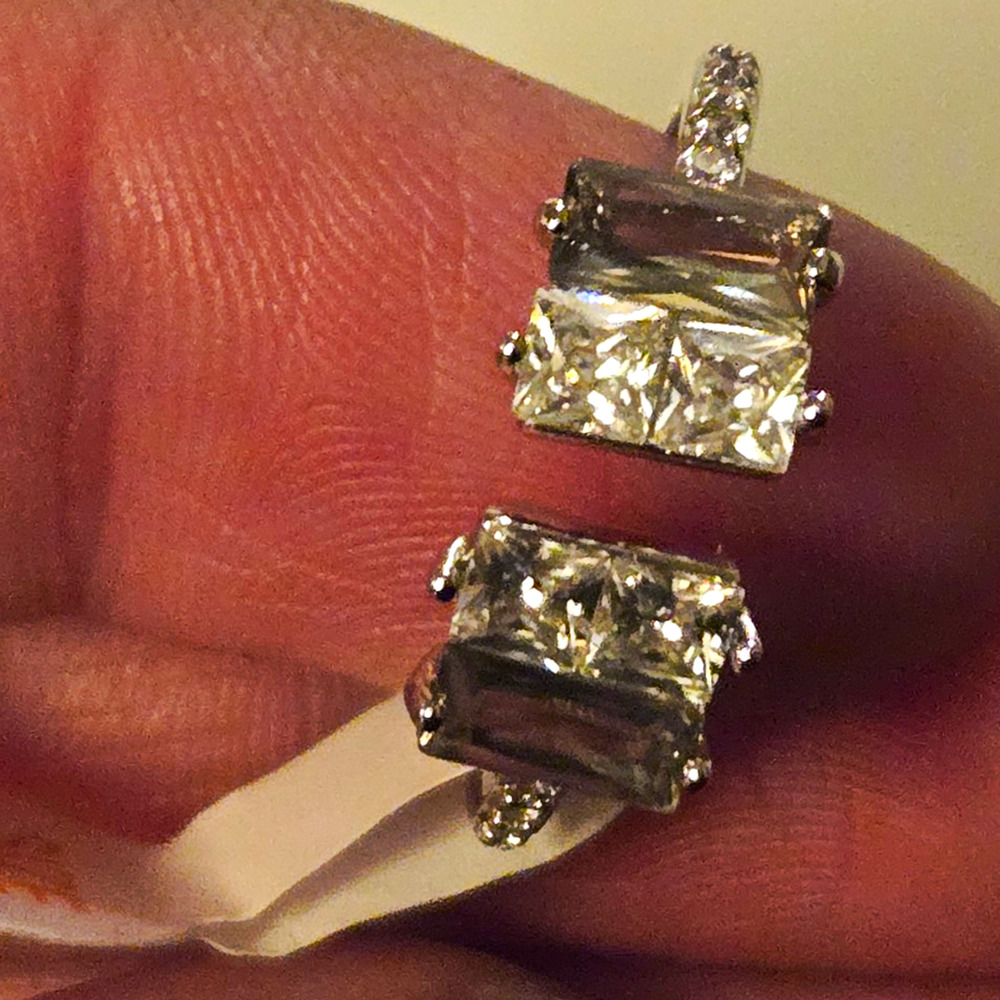Bomb Party Ring Size 6 Silver Tone Clear Gray Rectangular Stones Open Bypass